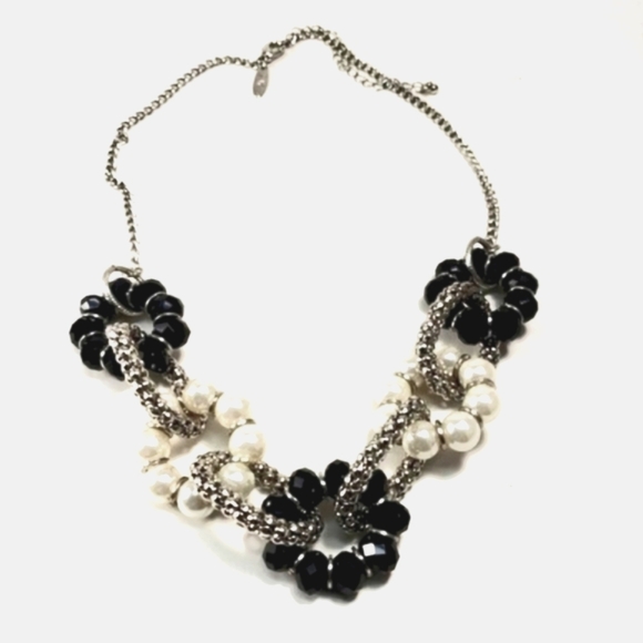 Silver-tone Black & Off-White Beaded Hoops Design Necklace, Marked NY,  20+3" C1 - Picture 1 of 8